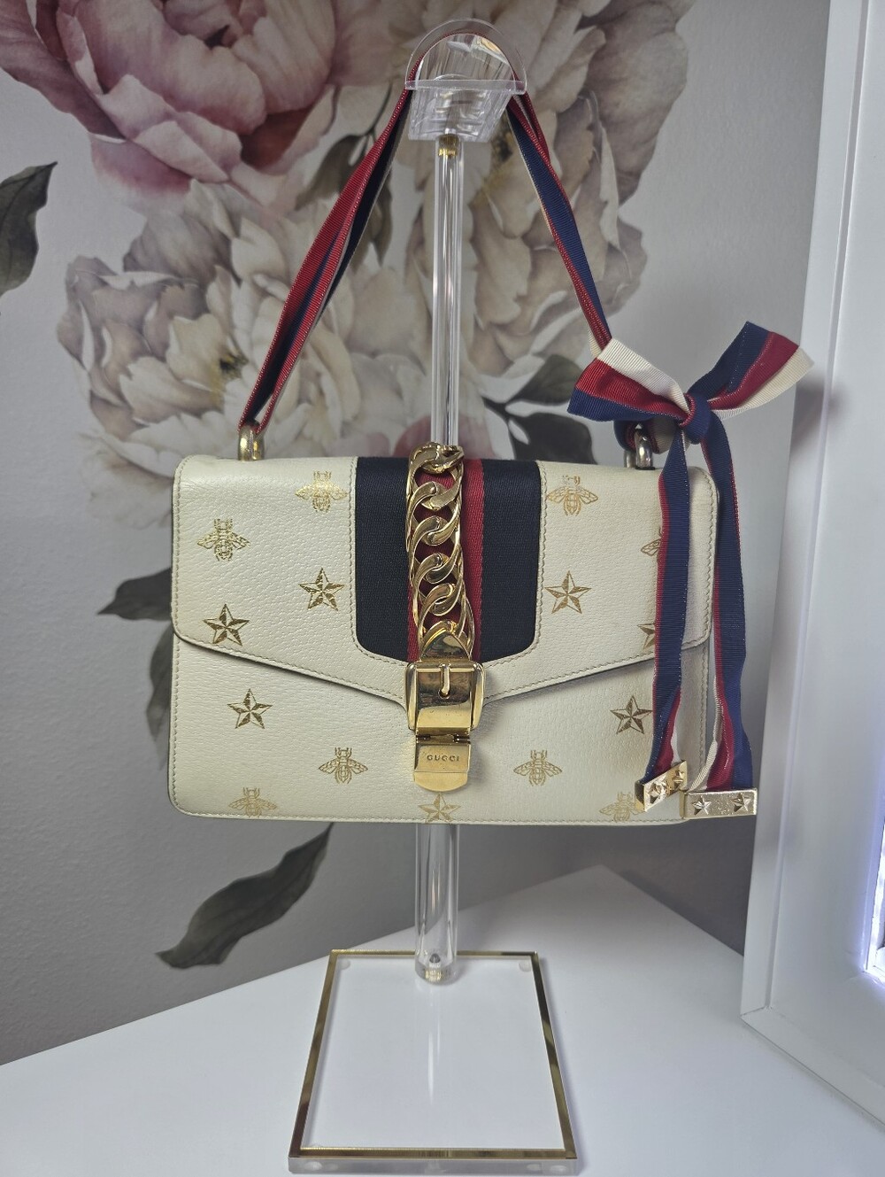 Authentic Gucci Textured Calfskin Bee Star Print Small Sylvie Shoulder Bag
